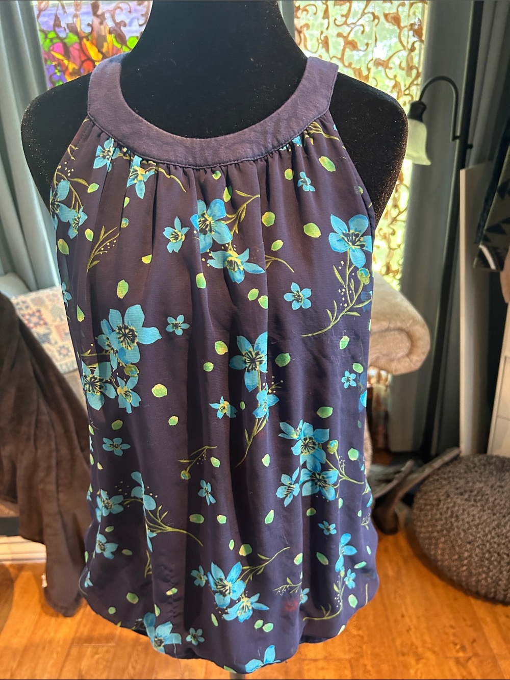 Apt. 9 Navy Tank with Teal Blue Floral Print